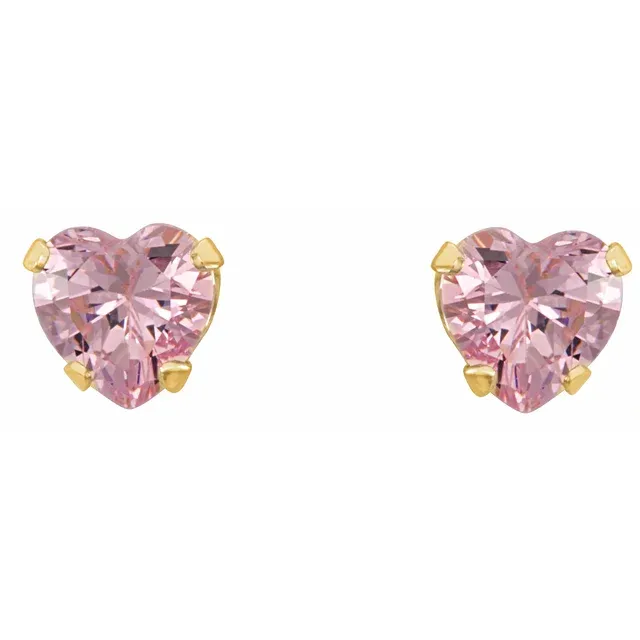 14K Yellow 4x3.5 mm Heart Pink Cubic Zirconia Youth Stud Earrings-