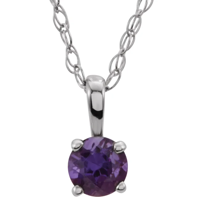 14K White 3 mm Round Imitation Amethyst Youth Birthstone 14" Necklace-