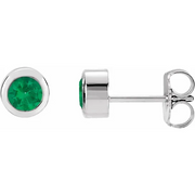 14K White 4 mm Round Genuine Emerald Birthstone Earrings-
