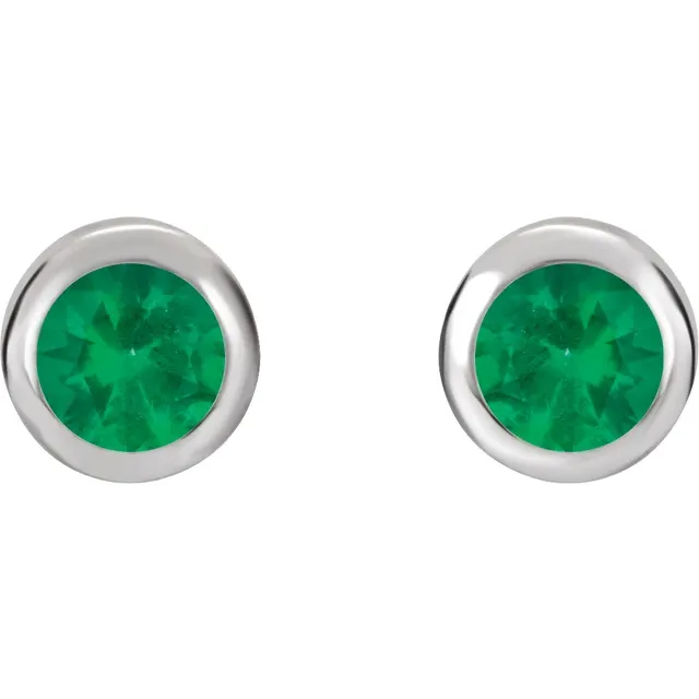 14K White 4 mm Round Genuine Emerald Birthstone Earrings-
