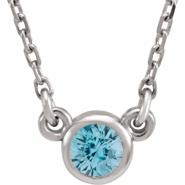 Rhodium-Plated Sterling Silver 4 mm Round Imitation Blue Zircon Solitaire 16" Necklace-