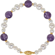 14K Yellow Freshwater Cultured Pearl & Amethyst 7.5" Bracelet-
