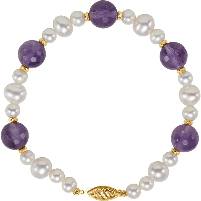 14K Yellow Freshwater Cultured Pearl & Amethyst 7.5" Bracelet-