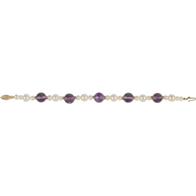 14K Yellow Freshwater Cultured Pearl & Amethyst 7.5" Bracelet-
