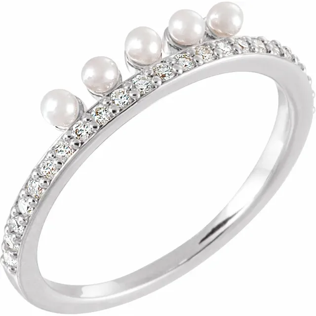 14K White Freshwater Cultured Pearl & 1/5 CTW Diamond Stackable Ring-