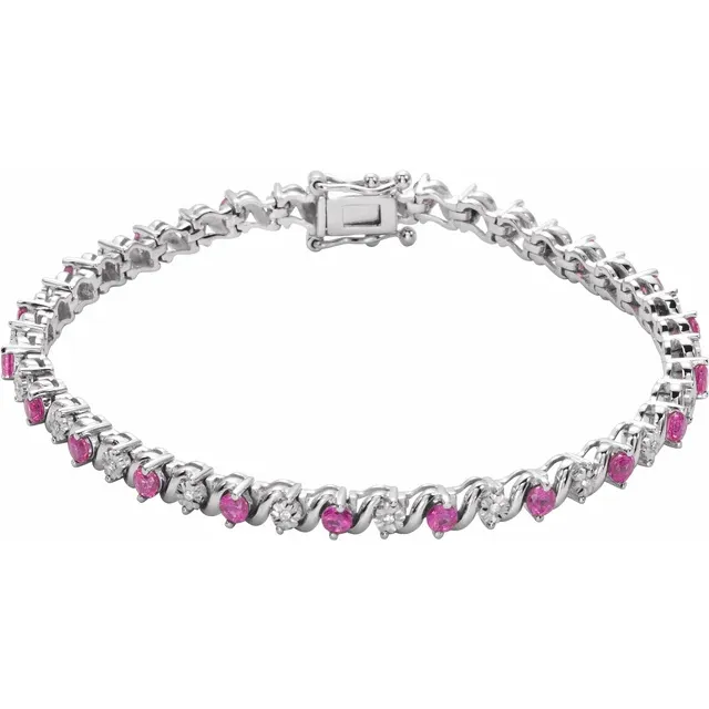 14K White Lab-Grown Ruby & 1/10 CTW Diamond Line 7" Bracelet-