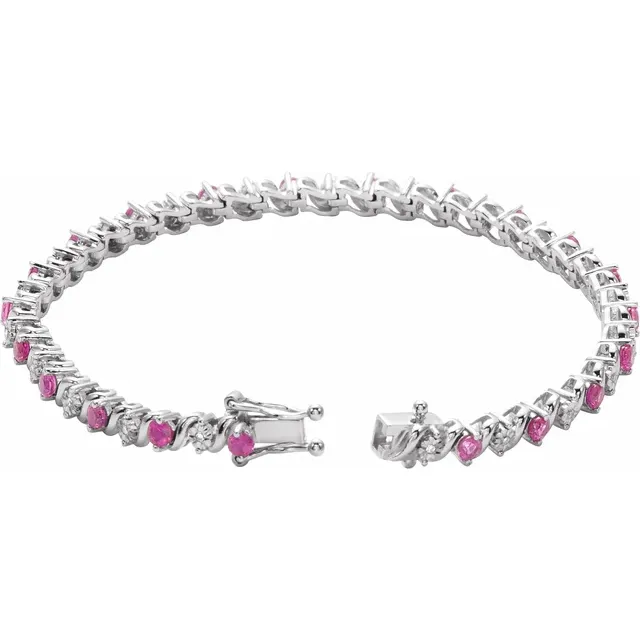 14K White Lab-Grown Ruby & 1/10 CTW Diamond Line 7" Bracelet-