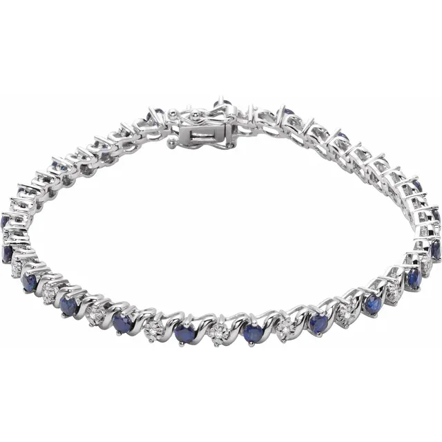 14K White Lab-Grown Blue Sapphire & 1/10 CTW Diamond Line 7" Bracelet-