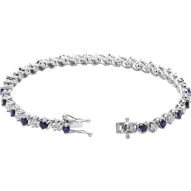 14K White Lab-Grown Blue Sapphire & 1/10 CTW Diamond Line 7" Bracelet-