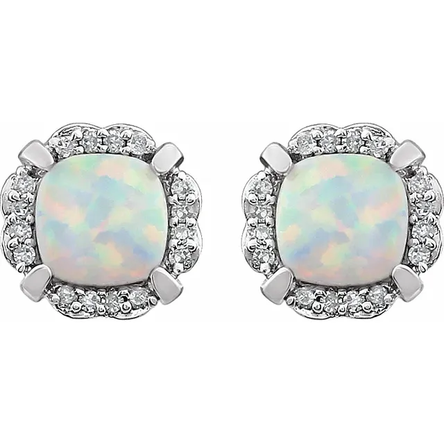 14K White Created Opal & 1/10 CTW Diamond Earrings-