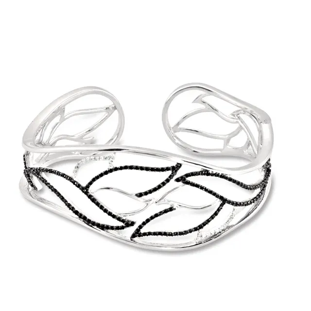 Sterling Silver Black Spinel & 1/6 CTW Diamond Hinged Cuff Bracelet-