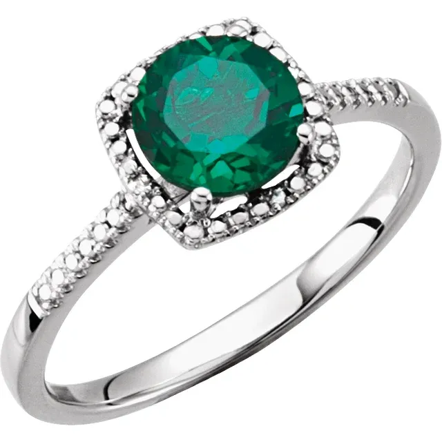 Sterling Silver Lab-Grown Emerald & .01 CTW Diamond Ring Size 7-