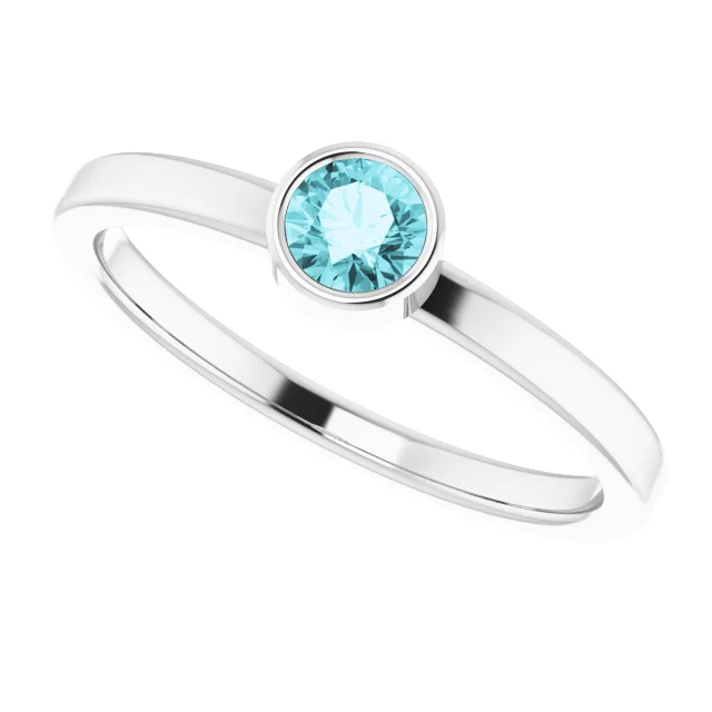 14K White 4 mm Round Blue Zircon Ring-