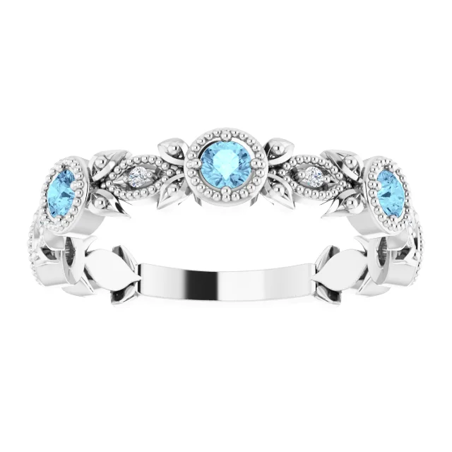 14K White Aquamarine & .3 CTW Diamond Leaf Ring