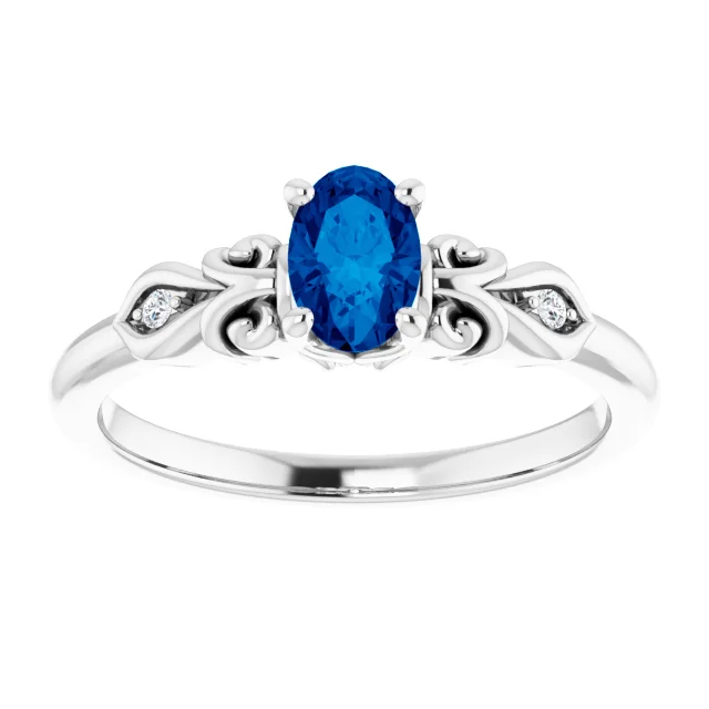 14K White Lab-Grown Sapphire & .02 CTW Diamond Ring-