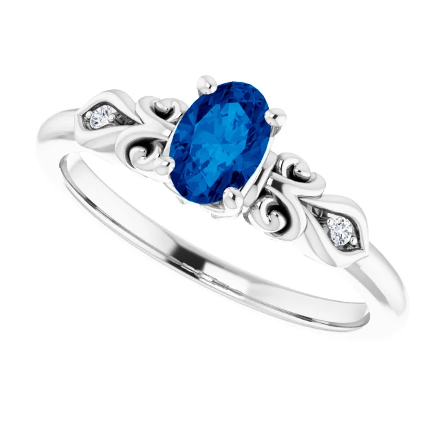14K White Lab-Grown Sapphire & .02 CTW Diamond Ring-