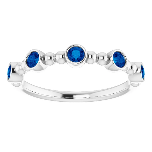 14K White Blue Sapphire Stackable Beaded Ring-