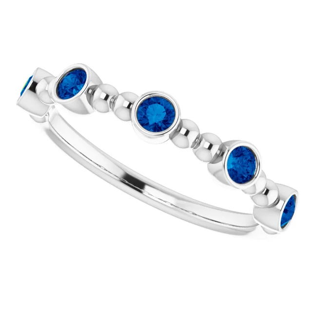 14K White Blue Sapphire Stackable Beaded Ring-