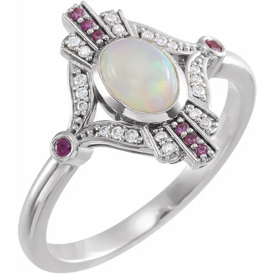 14K White Cabochon Ethiopian Opal, Pink Sapphire & .6 CTW Diamond Ring