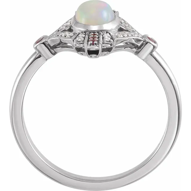 14K White Cabochon Ethiopian Opal, Pink Sapphire & .06 CTW Diamond Ring-