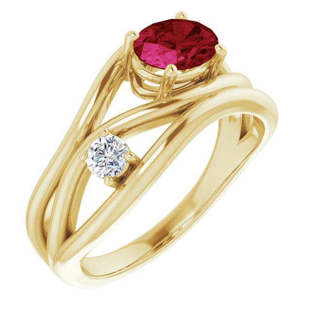 Lab-Grown Ruby & 1/10 CTW Natural Diamond Ring-14kt Yellow Gold-6.00-