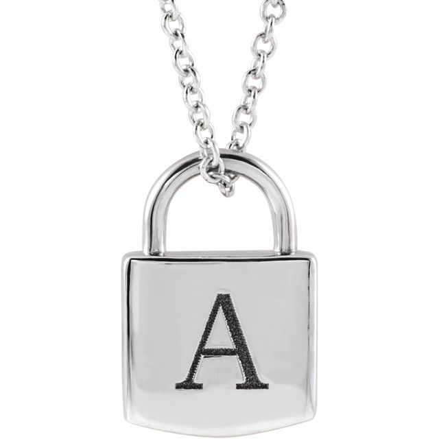 Sterling Silver 12.02x8 mm Engravable Lock 16-18" Necklace-