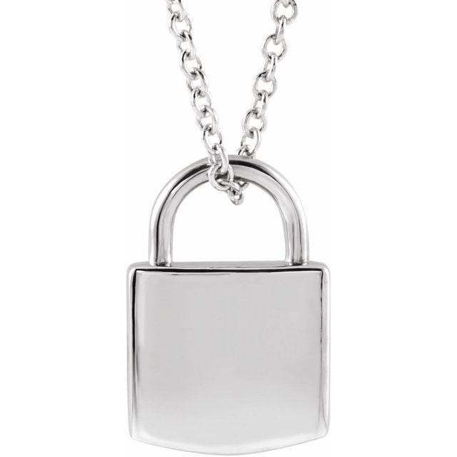 Platinum 12.02x8 mm Engravable Lock 16-18" Necklace-