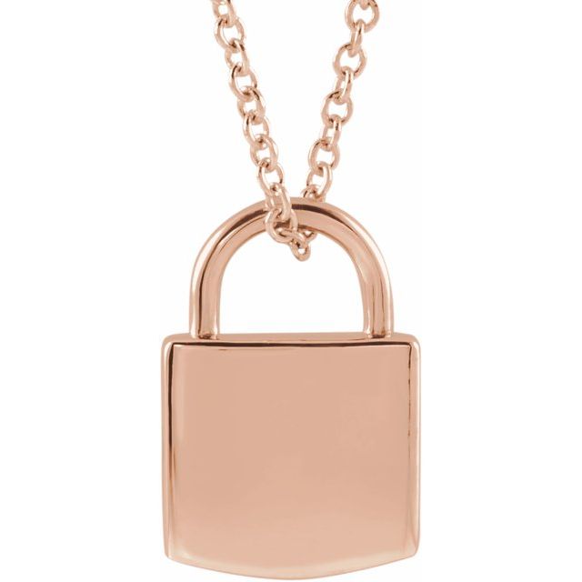 14K Rose 12.02x8 mm Engravable Lock 16-18" Necklace-