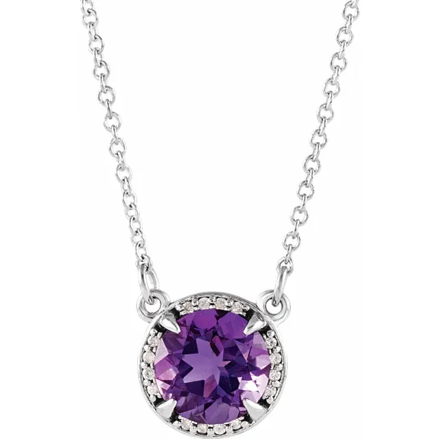 14K White 10 mm Round Amethyst & .07 CTW Diamond 16" Necklace-