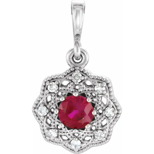 14K White Ruby & .06 CTW Diamond Halo-Style Pendant-