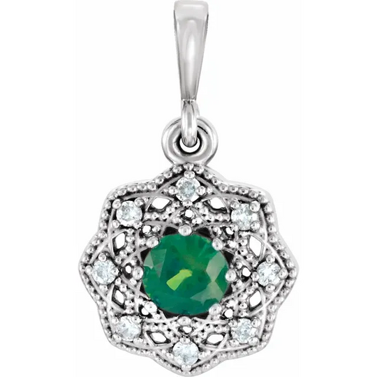 14K White Emerald & .6 CTW Diamond Halo-Style Pendant