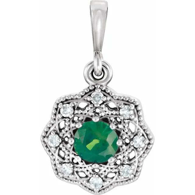 14K White Emerald & .06 CTW Diamond Halo-Style Pendant-
