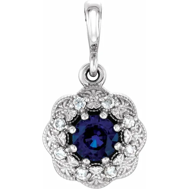 14K White Blue Sapphire & .06CTW Diamond Pendant-