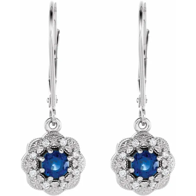 14K Yellow Blue Sapphire & 1/10 CTW Diamond Halo-Style Earrings-
