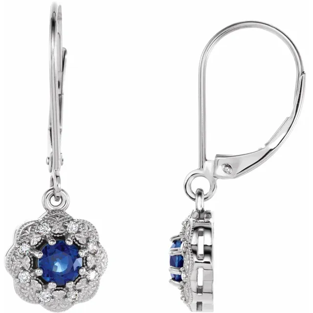 14K Yellow Blue Sapphire & 1/10 CTW Diamond Halo-Style Earrings-