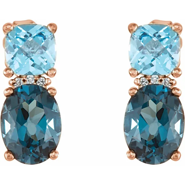 14K Rose London Blue Topaz, Swiss Blue Topaz & .01 CTW Diamond Earrings-