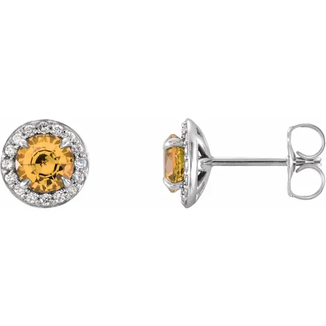 14K White 5 mm Round Citrine & 1/8 CTW Diamond Earrings-