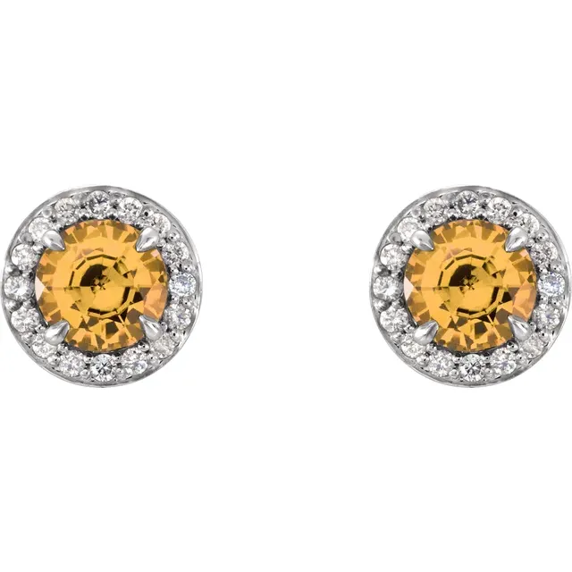 14K White 5 mm Round Citrine & 1/8 CTW Diamond Earrings-