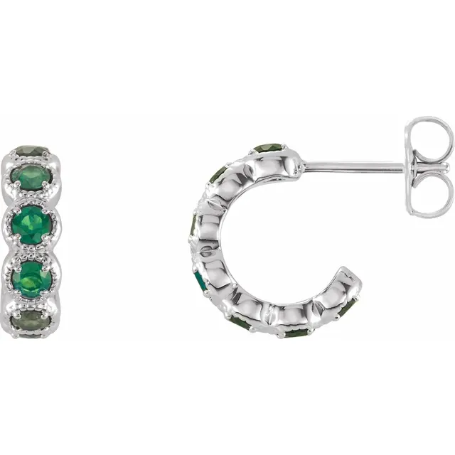 14K White Emerald Hoop Earrings-