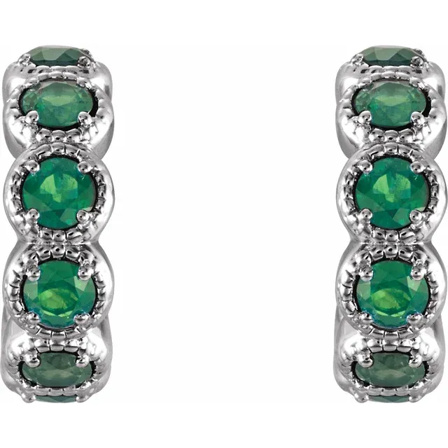 14K White Emerald Hoop Earrings-