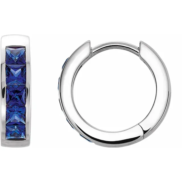 14K White Lab-Grown Blue Sapphire Hoop Earrings-