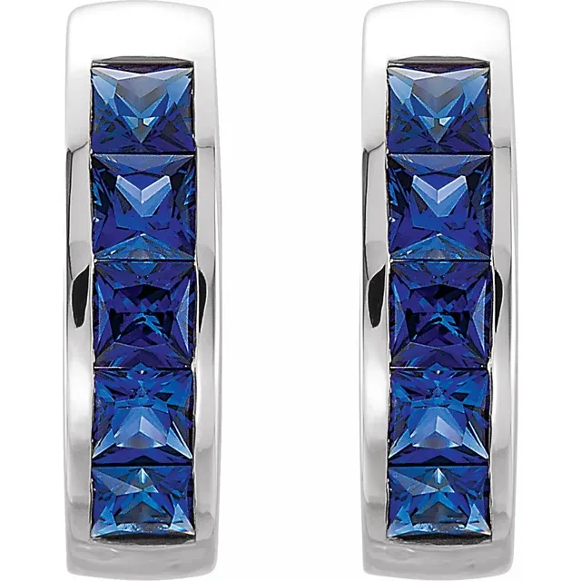 14K White Lab-Grown Blue Sapphire Hoop Earrings-