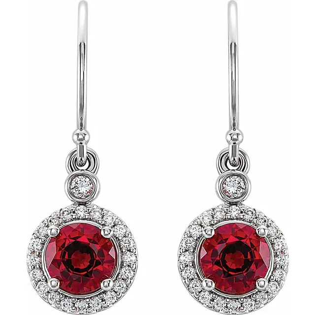 14K White Lab-Grown Ruby & 1/6 CTW Diamond Halo-Style Earrings-