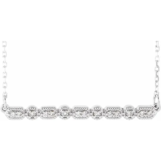 14K White 1/10 CTW Diamond Milgrain Bar 16-18" Necklace-