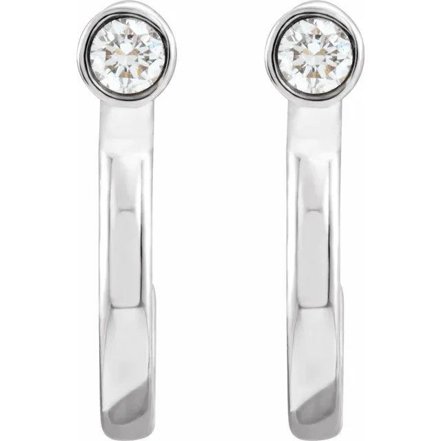 14K White .06 CTW Diamond Bezel-Set Hoop Earrings-