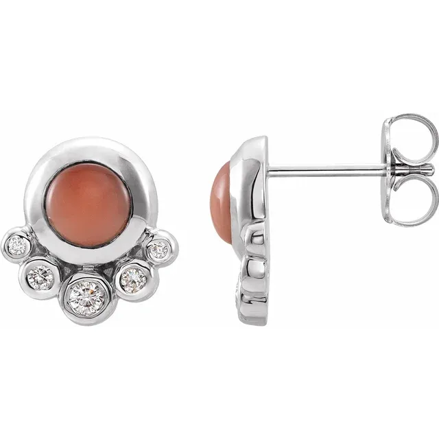 14K White Cabochon Pink Coral & 1/8 CTW Diamond Earrings-