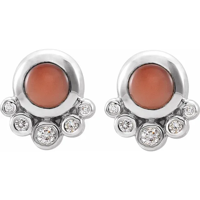 14K White Cabochon Pink Coral & 1/8 CTW Diamond Earrings-