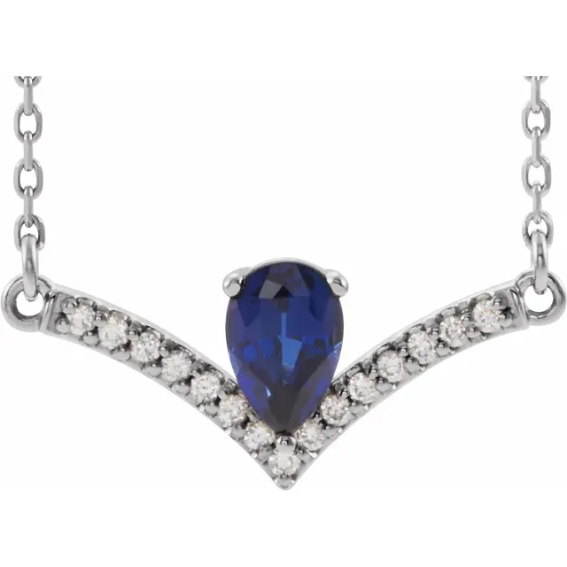 14K White Lab-Grown Blue Sapphire & .06 CTW Diamond 16" Necklace-