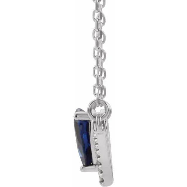14K White Lab-Grown Blue Sapphire & .06 CTW Diamond 16" Necklace-