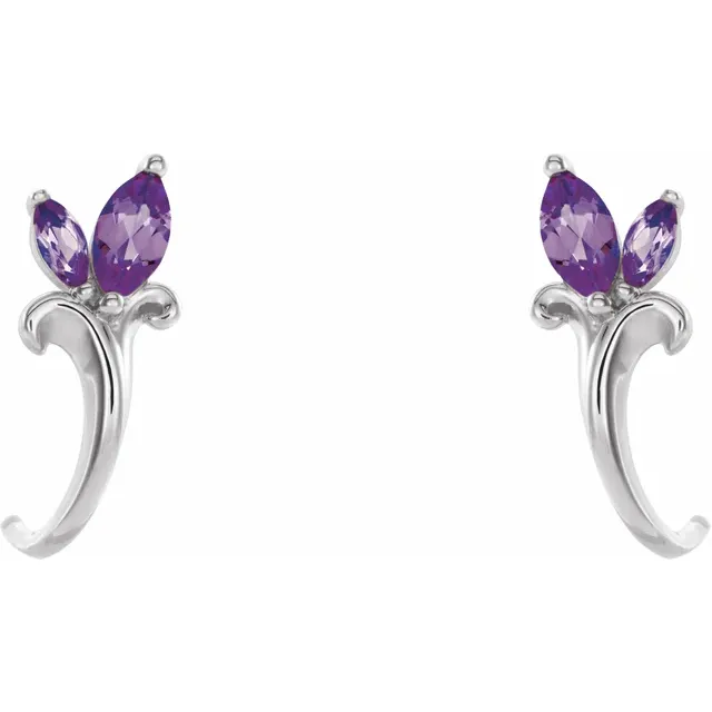 14K White Amethyst Floral-Inspired J-Hoop Earrings-